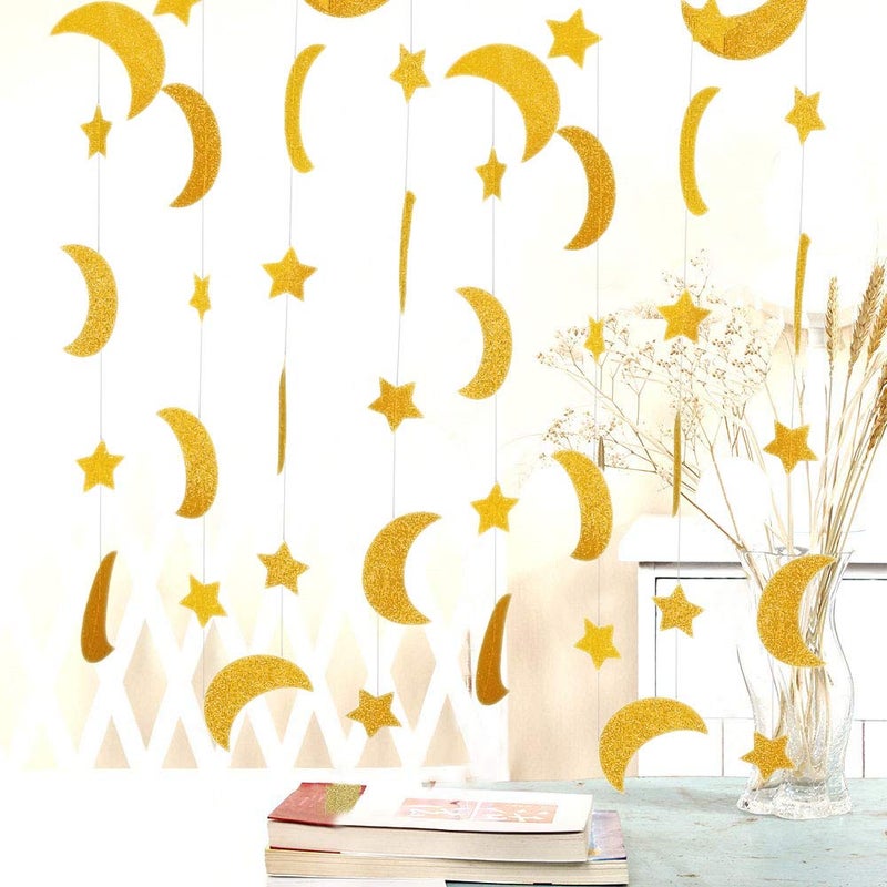 TTSAM 50ft Glitter Moon & Stars Garlands  6 Pack Gold Double-Side Crescent and Twinkle Stars Paper Hanging Decorations for Birthday Party Baby Shower Engagement Wedding for Nursery Kids Room Home Bedroom - Image 1